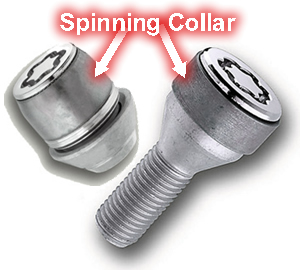 Locking wheel bolts and nuts with spinning collars (e.g. McGard)